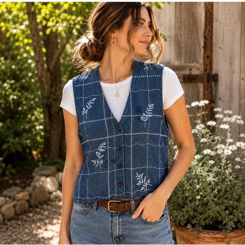 Vintage Napa‎ Valley Embroidered Denim Vest Women's L Blue Cotton 90s Boho